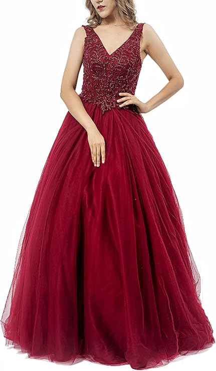 女式性感肩部 v 领蕾丝薄纱蓬蓬蓬裙正式优雅舞会婚礼礼服, 枣红色, 6